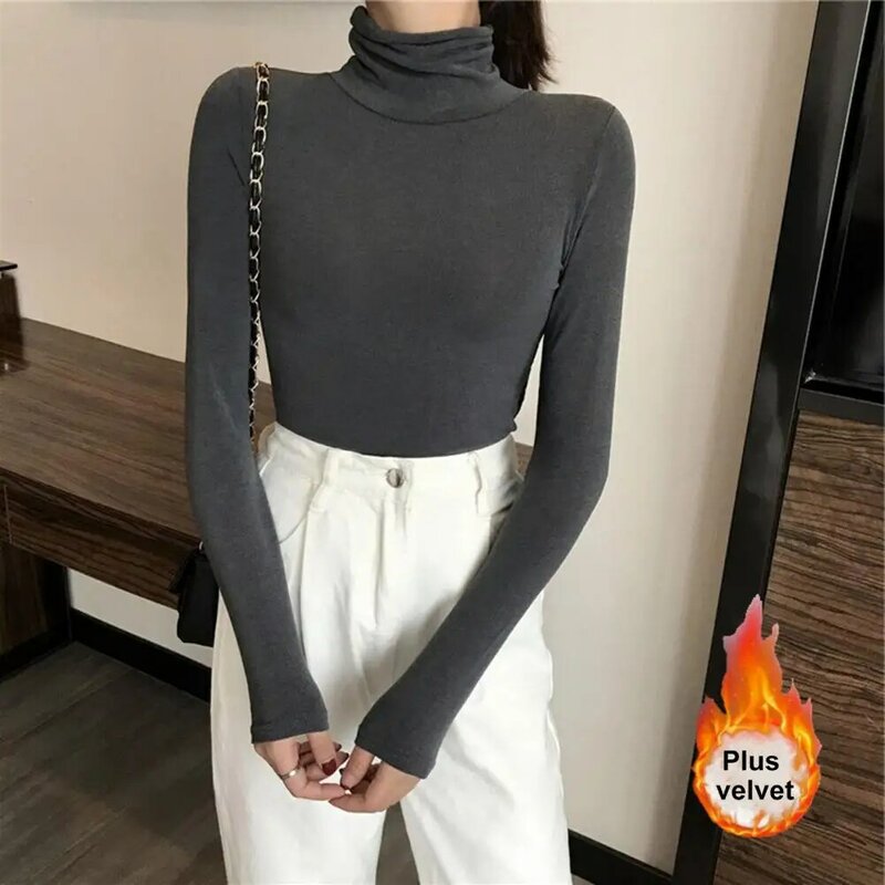 Pullover Tops Slim-fit Thermal Solid Color High Collar Long Sleeve Sweater for Daily Wear
