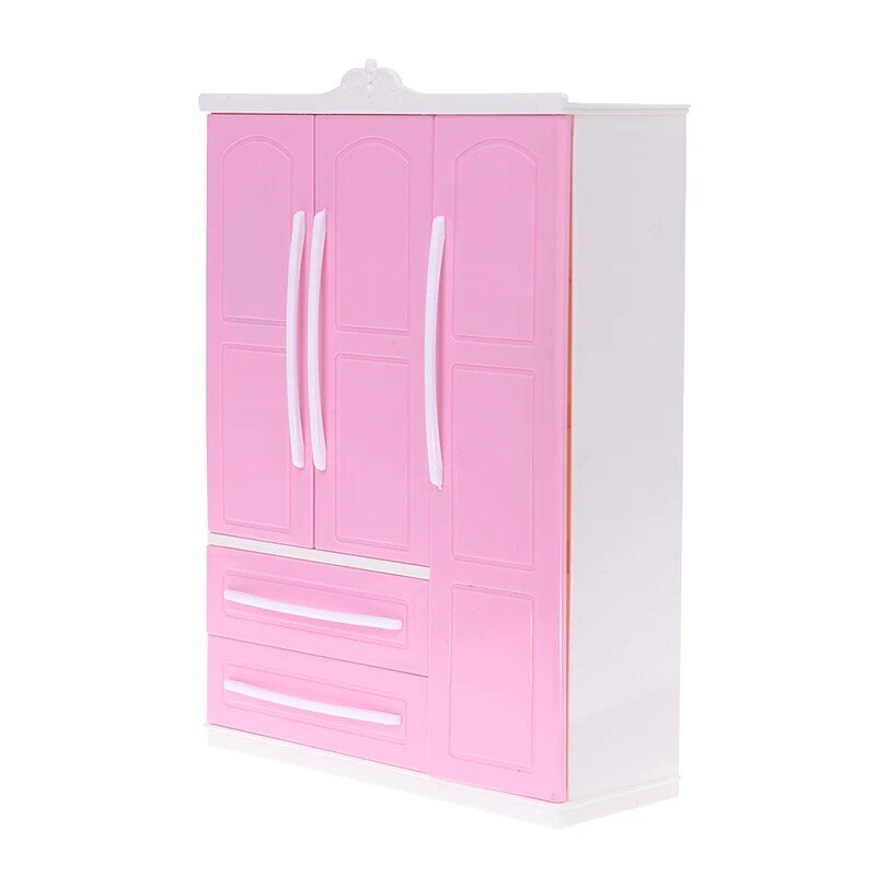 Three-door Pink Modern Wardrobe for Dolls Furniture Clothes Accessories Toys for Girls Baby Toy