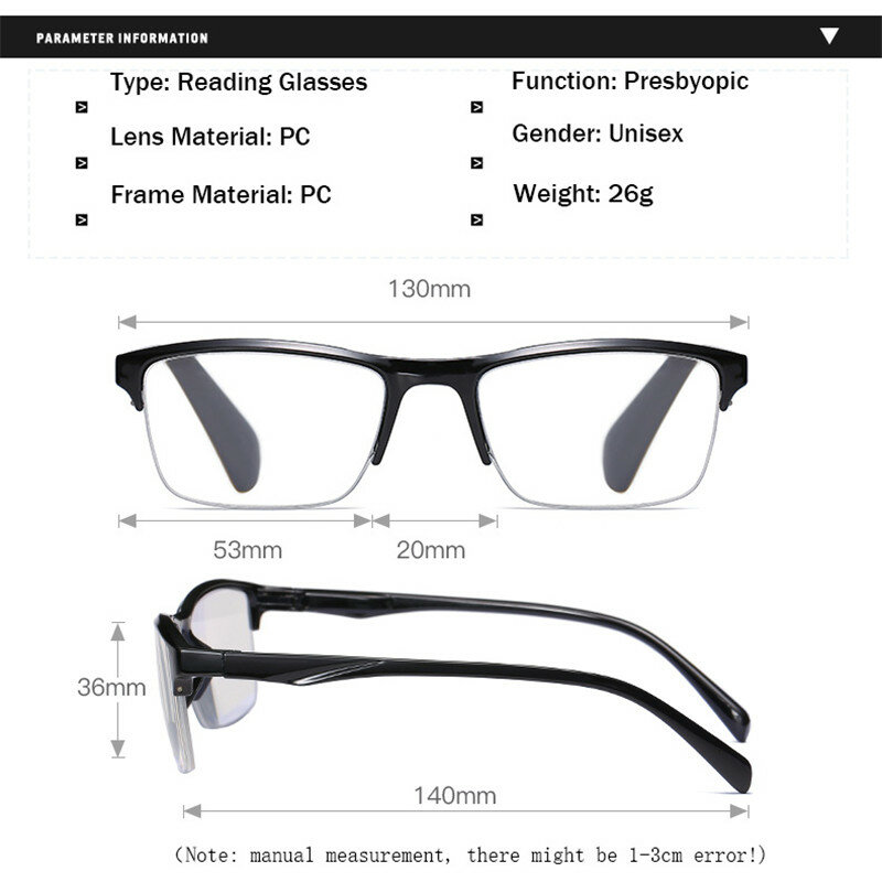Ahora Ultralight สแควร์อ่านครึ่งกรอบแว่นตาผู้ชายผู้หญิง + 0.25 0.5 0.75 1.25 1.5 1.75 2 2.25 2.5 2.75 3