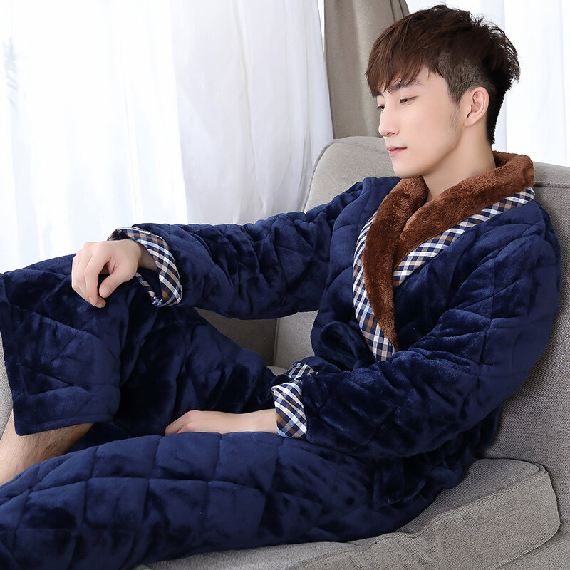 Jubah Mandi Berlapis Tiga Lapis Pria Musim Dingin Jubah Flanel Tebal Pakaian Tidur Ukuran Besar XXXL Kimono Jahit Jubah Mandi Pria Ruang Hangat