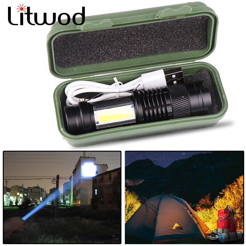 Neueste Design XP-G Q5 Gebaut in Batterie USB Lade Taschenlampe COB LED Able Wasserdichte Taktische Taschenlampe Lampe Led-lampen Litwod