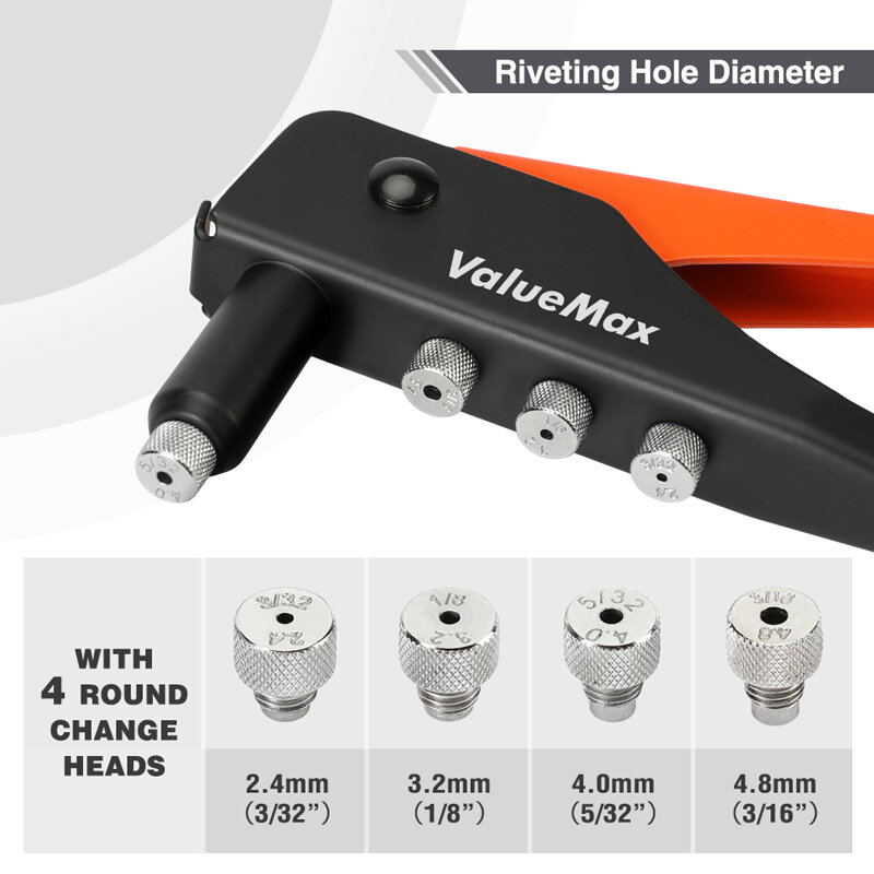ValueMax Hand rivetter Set strumento professionale per rivetti manuali per riparazioni domestiche e fai da te con 200 rivetti 2.4mm 3.2mm 4.0mm 4.8mm