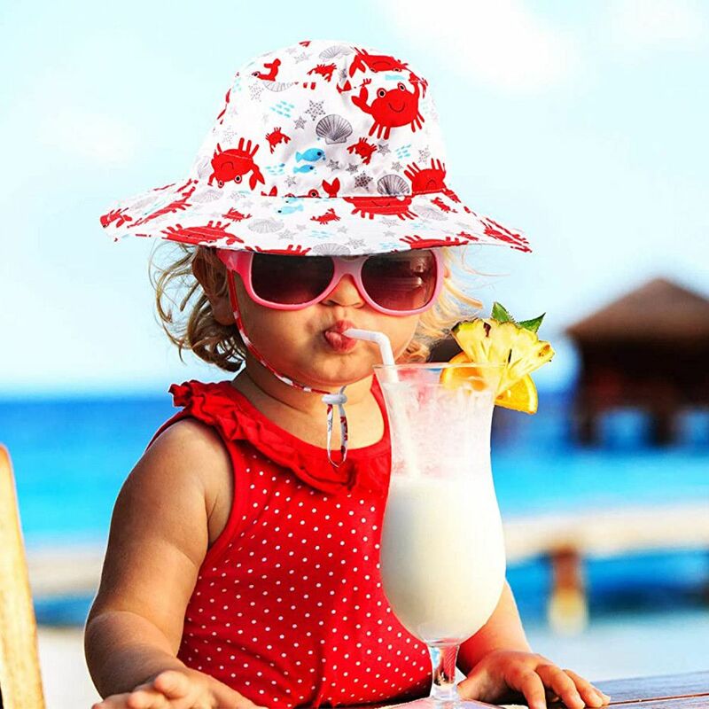 Girls For 0-8 Years UV Protection Wide Brim Neck Ear Cover Baby Sun Hat Bucket Hat with Adjustable Chin Strap Beach Cap