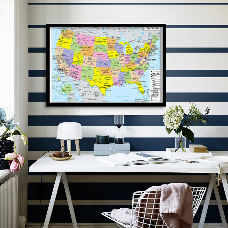 90*60cm The United States Political Map Detailed Map  In French Wall Art Poster Canvas Painting Home Decoration School Supplies