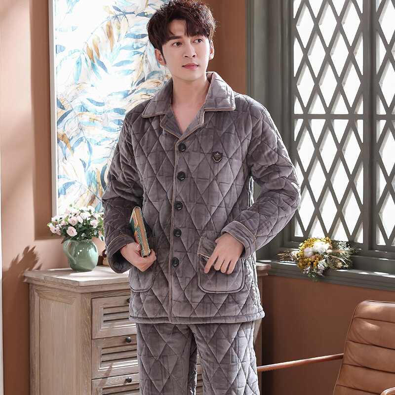 Alta qualidade inverno grosso coral velo acolchoado pijamas de flanela de algodão masculino longo-sleeved jacket inverno serviço de casa pijamas
