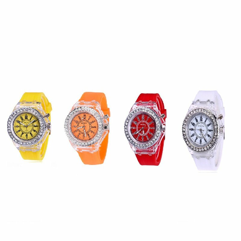 8 типов красочных светодиодных спортивных часов стразы, светящиеся женские кварцевые часы, женские силиконовые наручные часы