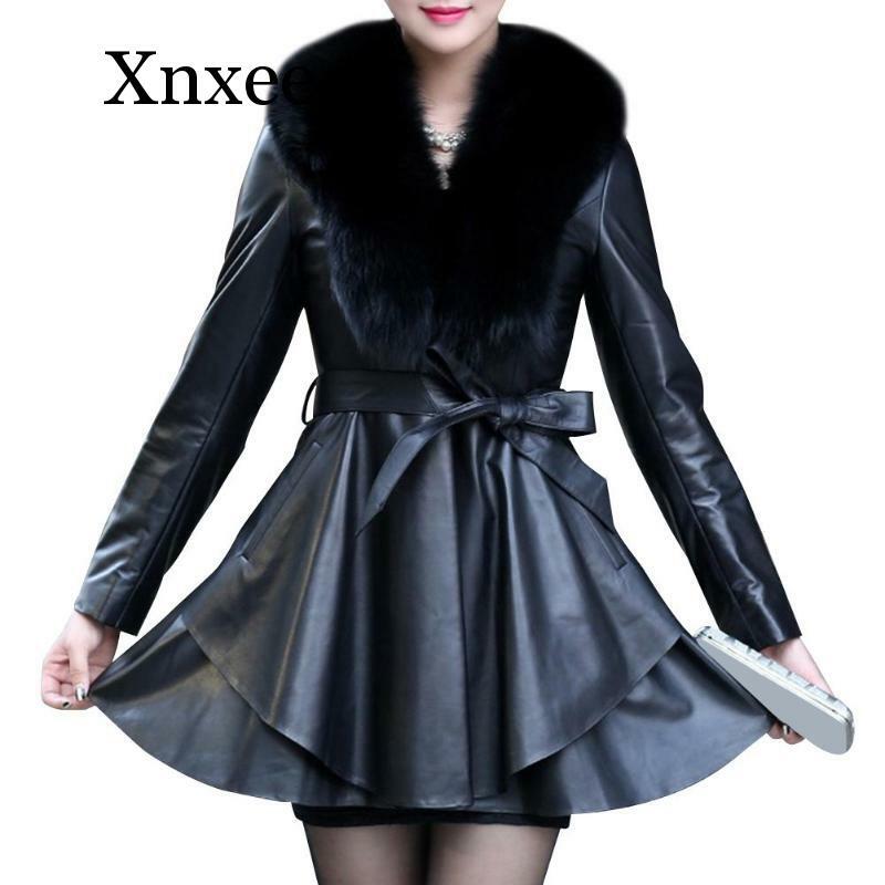 Elegant Winter Ruffled เสื้อหนังชุดแขนยาว Pu หนังอารมณ์ Outwear แนวโน้ม Faux ขนสีดำ