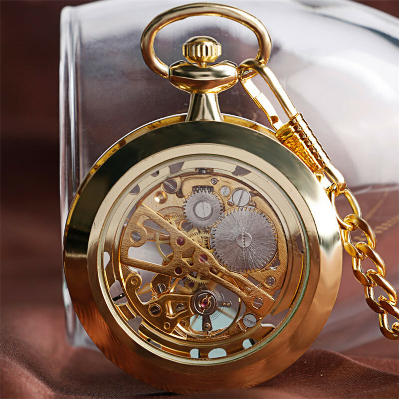 Transparente Open Face relógio de bolso mecânico, esqueleto oco, corda manual, relógio vintage, presente de aniversário com corrente