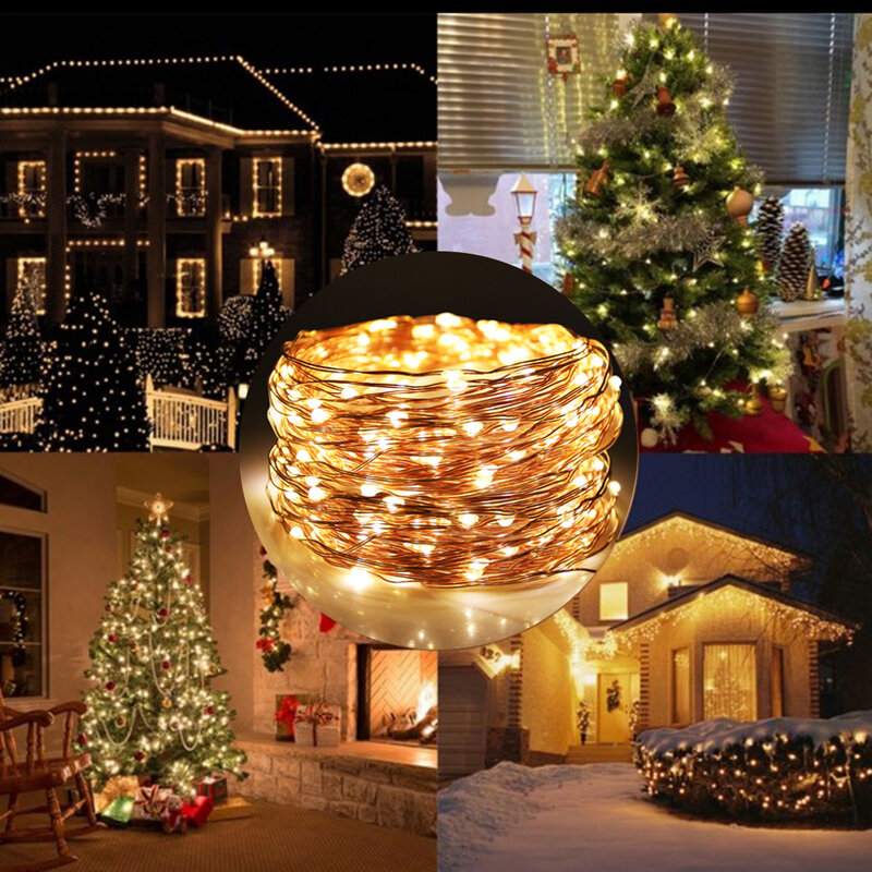 Guirnalda de luces LED de energía Solar, 100, 200, Blanco cálido, Multicolor, decoración de Navidad, fiesta, boda, lámpara de Navidad