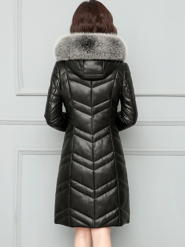 Jaket Mantel Kulit Wanita Musim Dingin M-5XL Mantel Bertopi Kerah Bulu Rubah Besar Jaket Parka Panjang Hangat Tebal Wanita