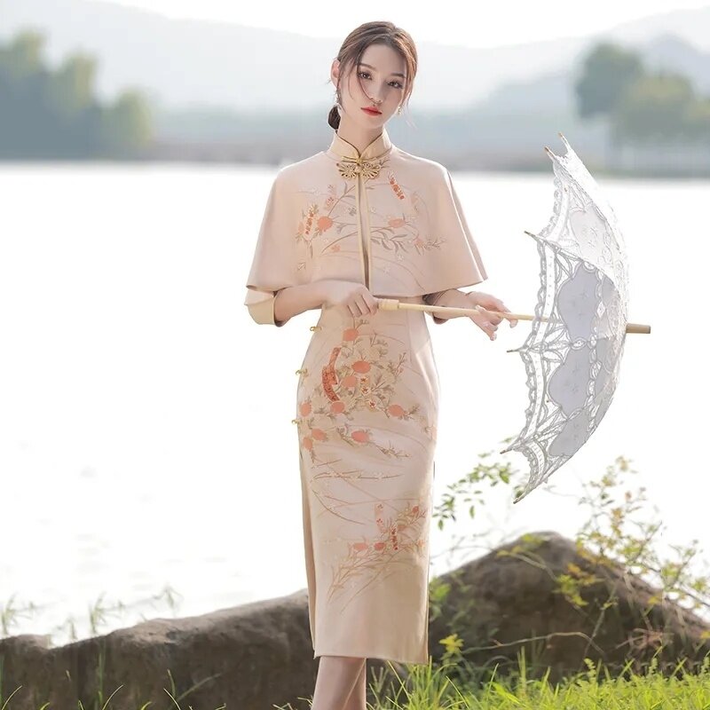 Gaun Tradisional Tiongkok Dua Potong Ramping Elegan Musim Gugur Qipao + Lengan Panjang Hanfu Wanita Set Selendang Pakaian Wanita Cheongsams