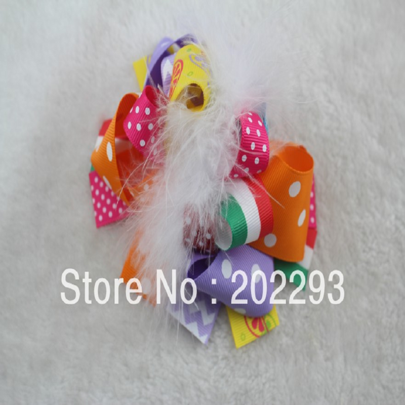 5-inch Mixed Color Feather Bow Cartoon Ribbon Girl Hair Accessory
