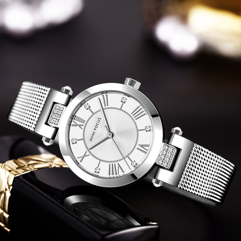 Mini focus relógio casual feminino, relógios femininos de design de strass de marca de luxo relógio de quartzo simples relógio para mulheres à prova d' água