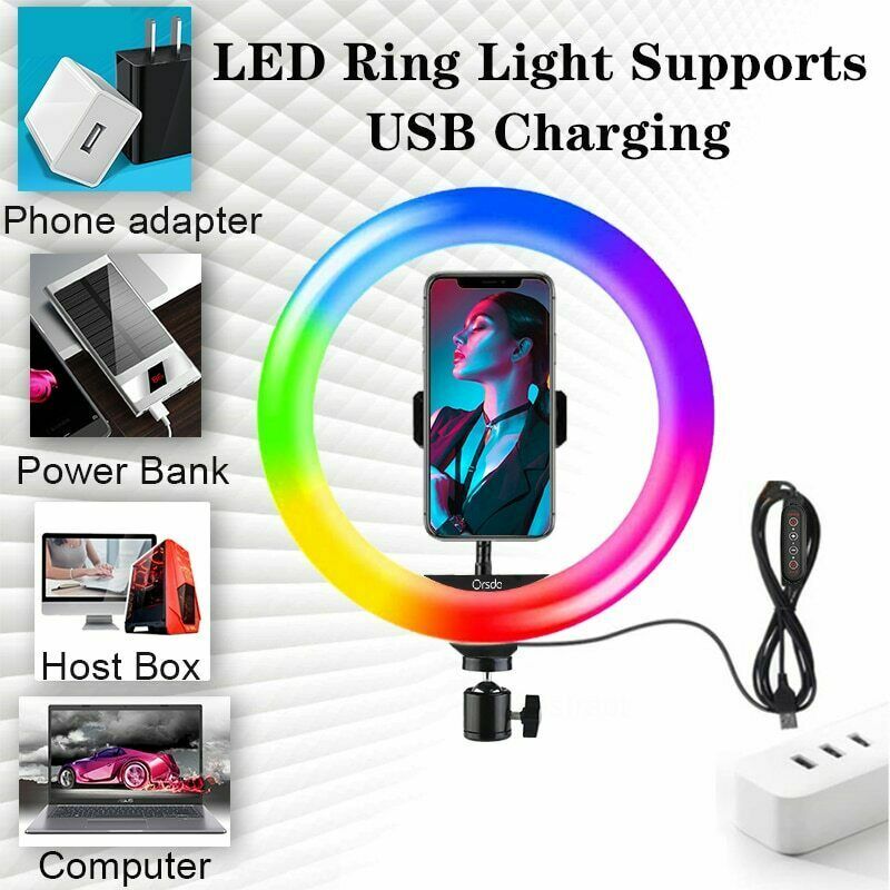 Anillo de luz LED para selfi, accesorio con alimentación USB, con clip para teléfono, RGB, multicolor, transmisión en vivo, fotografía, maquillaje, iluminación de vídeo, 26cm de diámetro