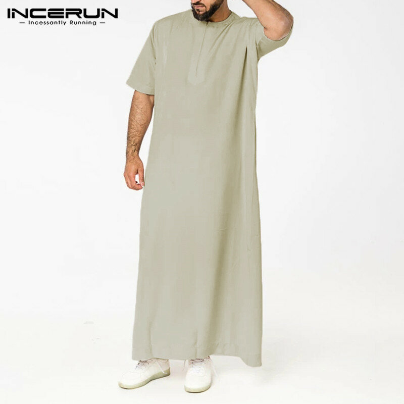 Mens Solid Color Robes Saudi Style Zipper Jubba Thobe Man Vintage Short Sleeve O Neck Muslim Arabic Islamic Clothing 5XL INCERUN