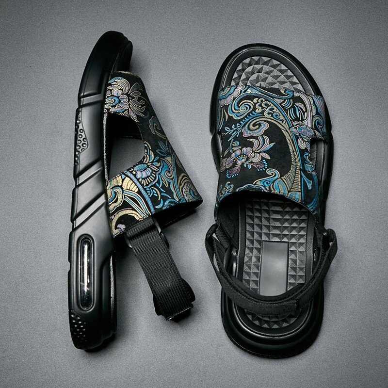 Beiläufige Handgemalte Sommer Offene spitze Atmungsaktive Herren Strand Samdals Koreanische Mode Schwarz Haken Plattform Schuhe Chaussure Homme