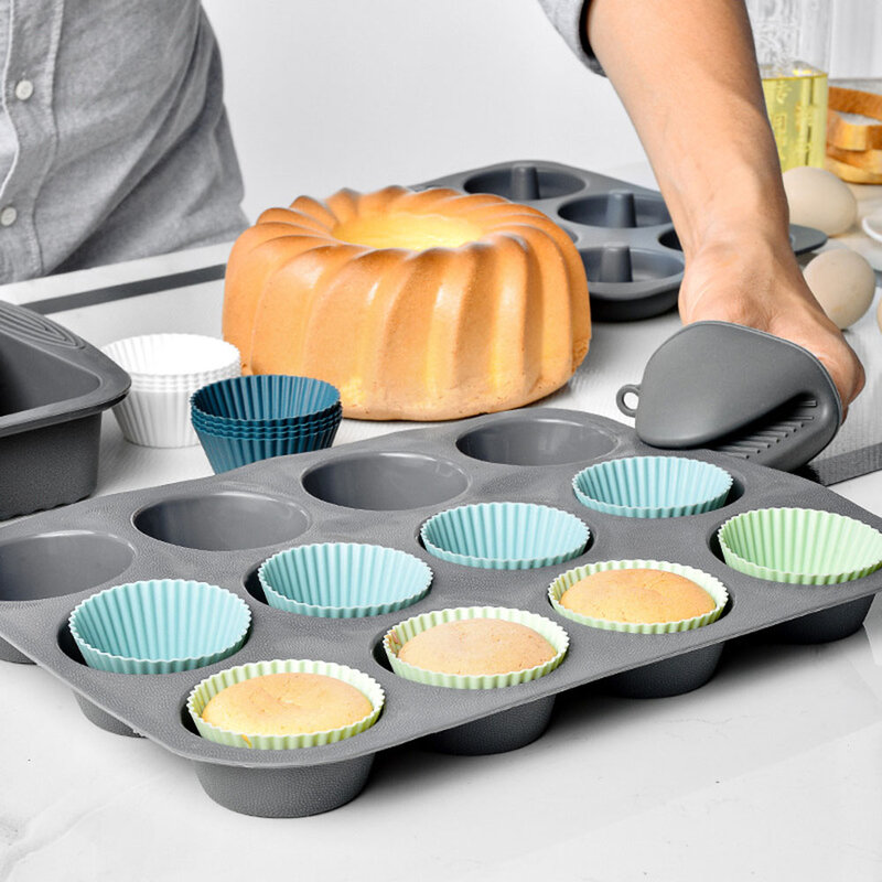 Goalone 12 pçs/set silicone cozimento copos reutilizáveis conjunto redondo cupcake forros muffin copo moldes não-vara bpa livre copos de cozimento moldes