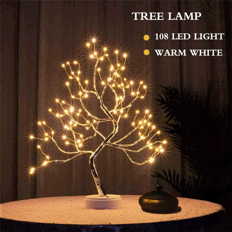 Mini árbol de Navidad de alambre de cobre para niños, lámpara LED de noche para decoración del hogar, dormitorio, iluminación de hadas para vacaciones