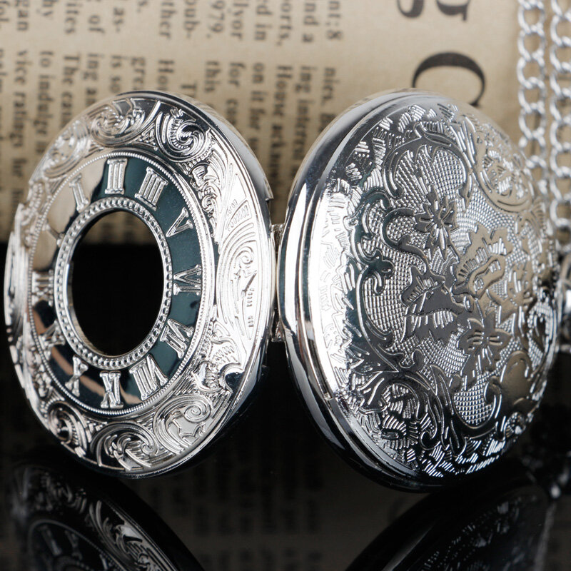 Fashion Classic Silver Quartz Pocket Watch Necklace Roman Numerals Flip Pendant Watch Direct Sales