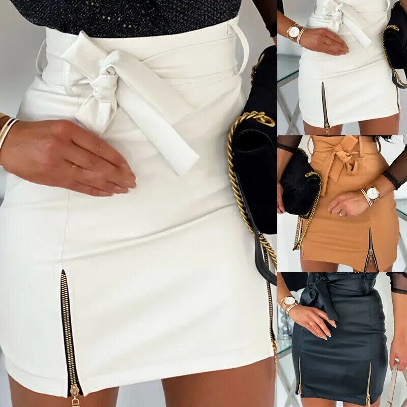 2020 Autumn Spring Women Short Skirt PU Leather Sexy Mini Skirt With Double Zipper Pencil Slit Hem High Waist Women Underskirts