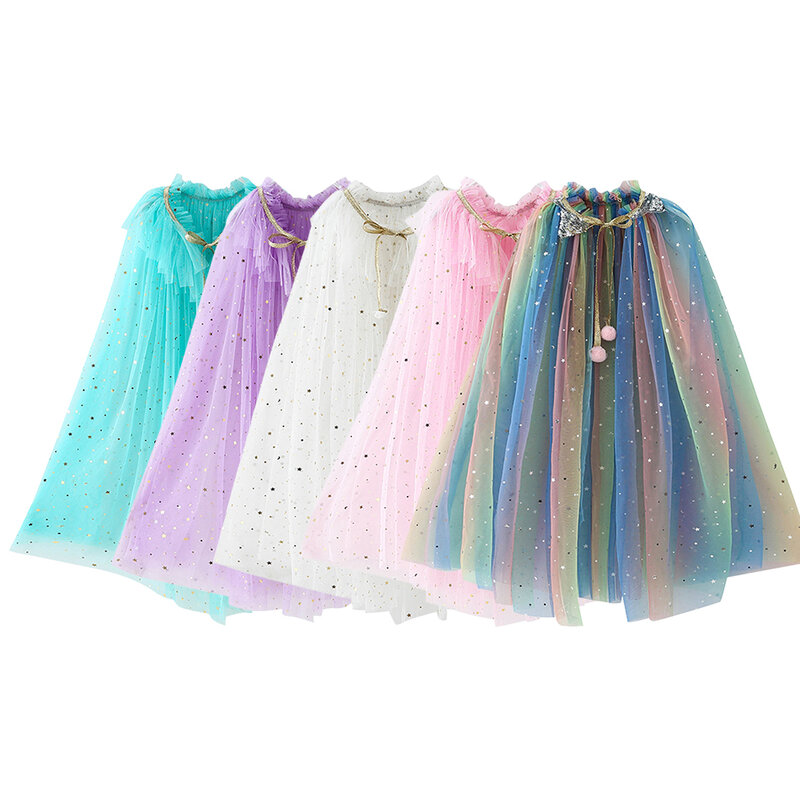 Newly Star Sequin Tulle Cloak Girls Dress Up Princess Accessories Lace Gold Tie Bow Ruffles Kids Party Unicorn Cosplay Supplies