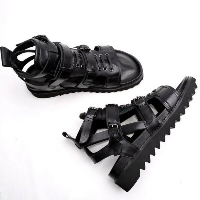 Homens de alta qualidade britânica respirável gladiador verão plataforma preto roma couro genuíno sapatos casuais sandálias praia
