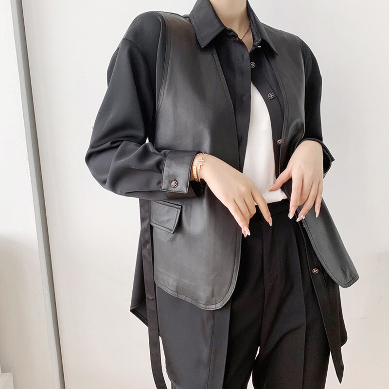 Blusas Mujer De Moda 2023 Vrouwen Zwart Acetaat Shirt Spliced Lederen Vest Vrouwelijke Schapenvacht Colete Europese Mode Nep Twee Jas