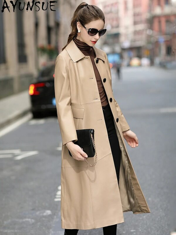 Ayunsua casaco de couro legítimo feminino, jaqueta longa de couro legítimo 100% de real, roupas femininas, 2020
