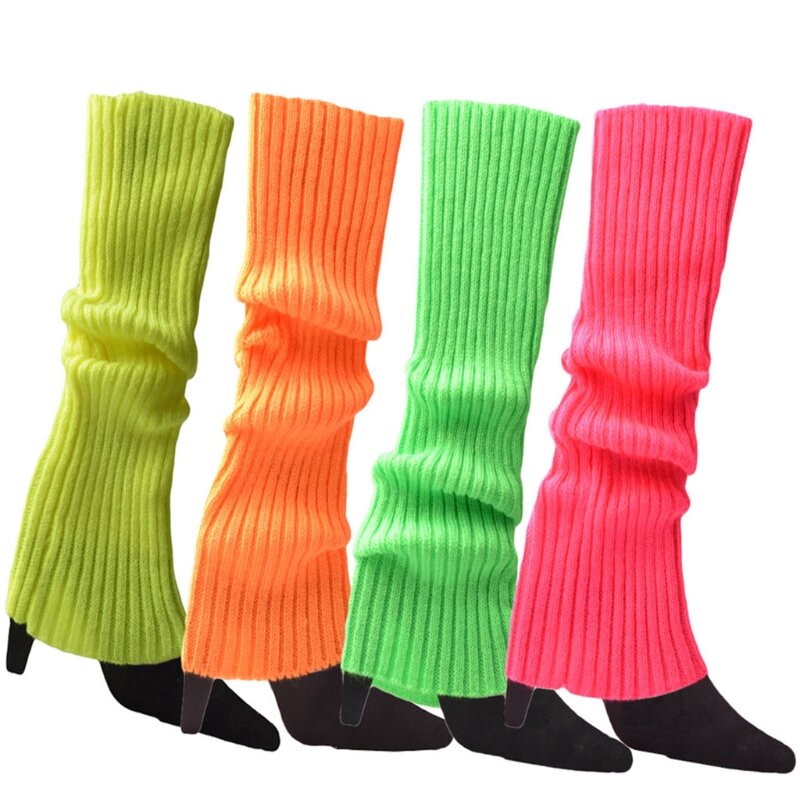Women 80s Fluorescent Neon Colored Knit Leg Warmers Ribbed Footless Socks Stockings Halloween Dance Party Accessories