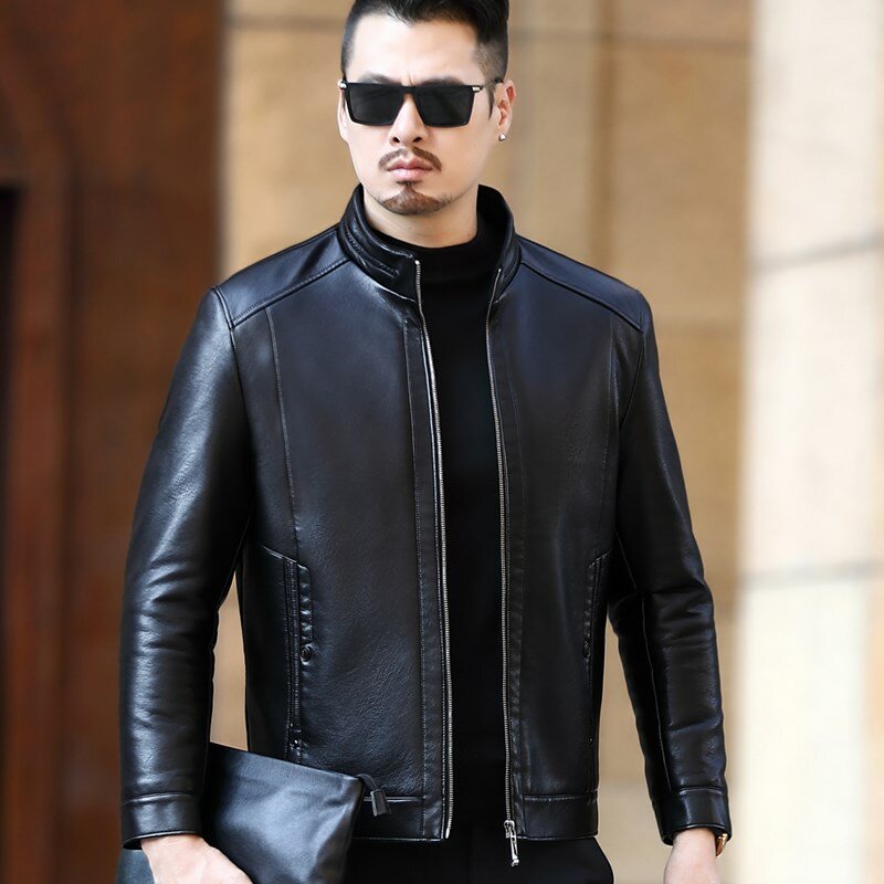 YXL-221 Natural Leather Jacket Men's Stand-up Collar  Business Casual Fur One-piece Men's Super Soft SE Plush Liner Warm Jacket