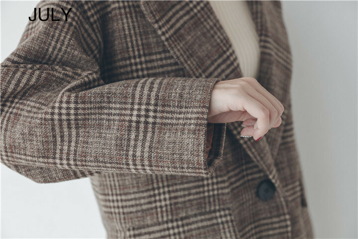 Julho outono inverno casaco xadrez jaqueta feminina 2019 novo casaco solto seção longa casaco feminino xadrez casaco marrom feminino