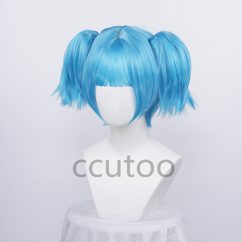 Sally Face Sallyface Sally Cosplay Wig Short Blue Heat Resistant Synthetic Hair Clip Ponytails Wigs + Wig Cap
