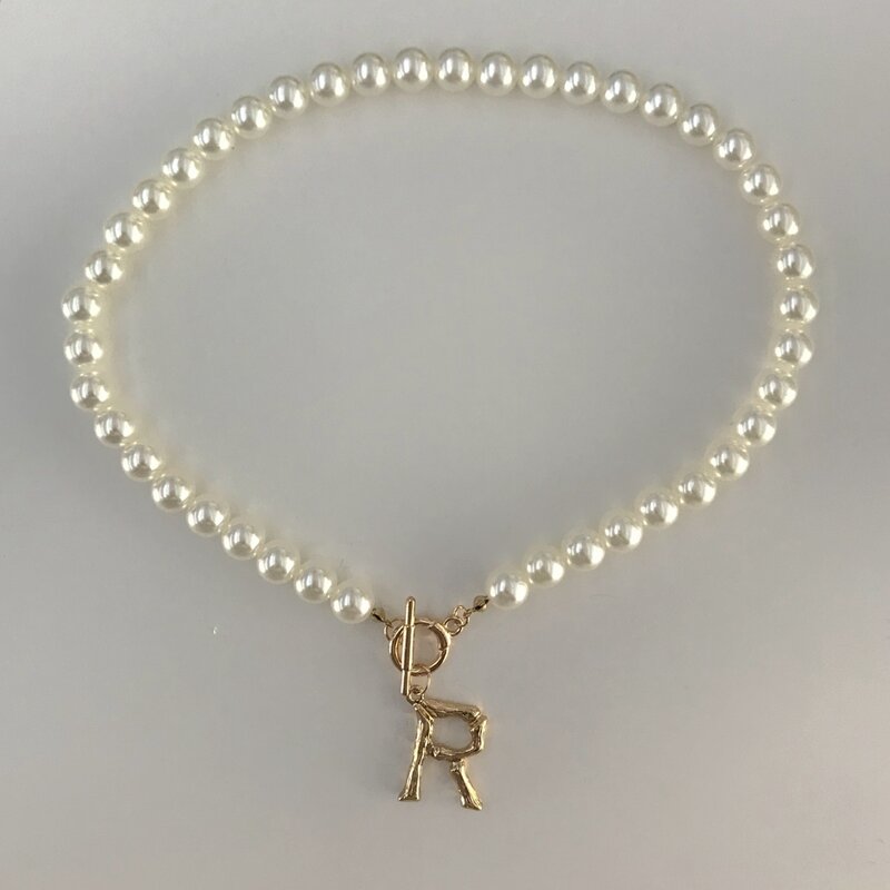Collier de perles simulées pour femme, bijoux de déclaration, nom, document en or, lettre initiale anglaise en bambou, chaîne interdite