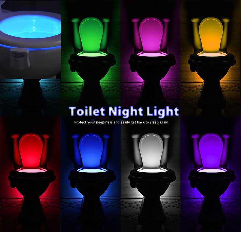 Impermeável sensor de movimento pir toalete assento noite luz, indução humana levou lâmpada, luz de fundo para vaso sanitário tigela, 8 cores