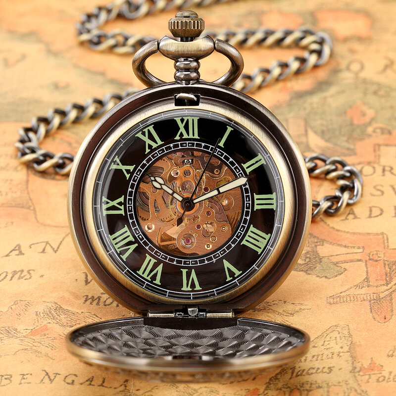 ตัวเลขโรมันส่องสว่างอัตโนมัตินาฬิกาแบบย้อนยุคสุดหรูจี้นาฬิกา Winding โบราณนาฬิกาของขวัญ