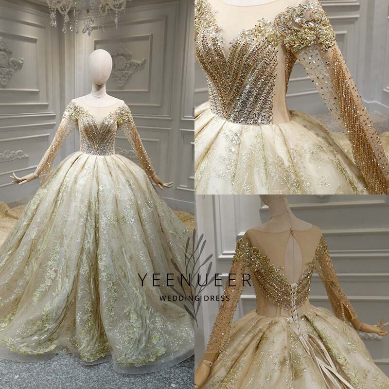 Hot sale 2020 brand gold wedding dress real work high quality full beading lace dubai wedding dresses