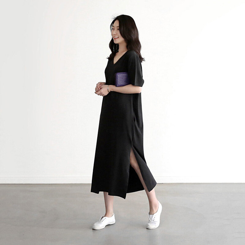 MRMT-Vestido largo de algodón para mujer, prenda holgada de manga corta con cuello en V, falda larga con horquilla abierta, novedad de verano, 2024