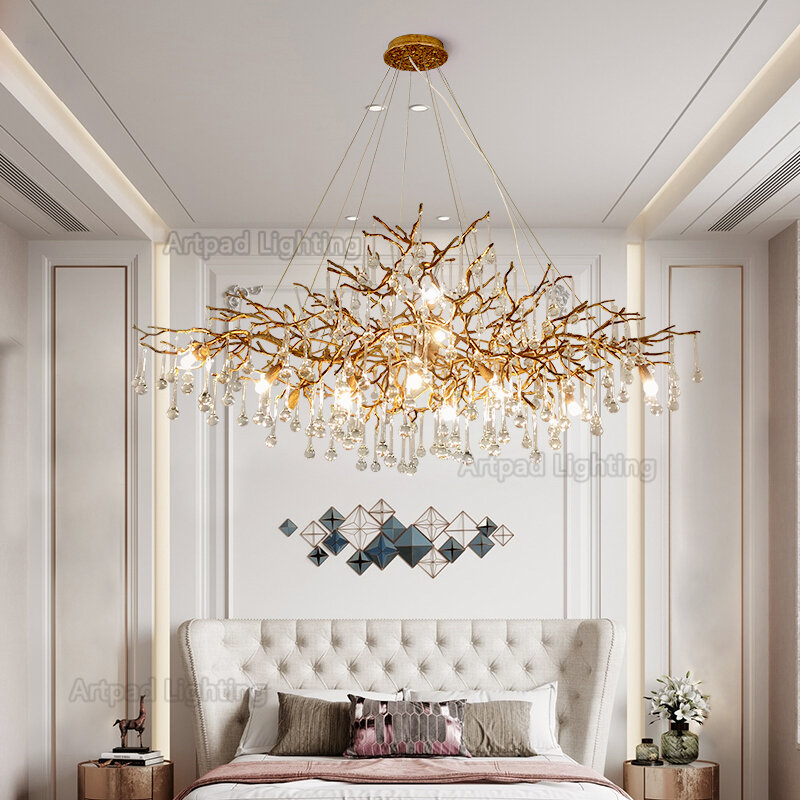 Artpad-candelabros LED de cristal de cobre Retro, iluminación de lujo dorada para sala de estar, accesorio de luz colgante, luz de cocina