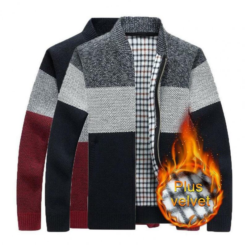 Suéter masculino de malha manga longa, cardigã grosso, jaqueta gola, retalho casual, velo, cores de contraste, inverno
