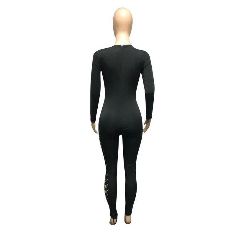 Bkld roupas femininas 2020 outono nova sexy macacão feminino manga longa com decote em v bandagem oco para fora bodycon macacões pretos