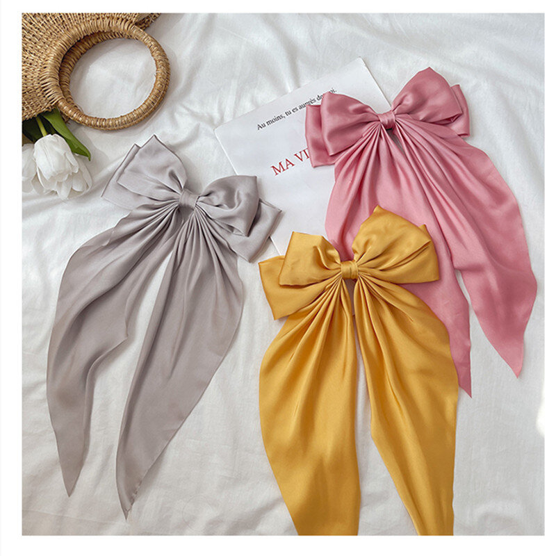 Warna Solid Besar Satin Busur Jepit Rambut Jepit Rambut untuk Wanita Anak Perempuan Pernikahan Pita Panjang Korea Klip Rambut Pegangan Rambut Aksesori Rambut