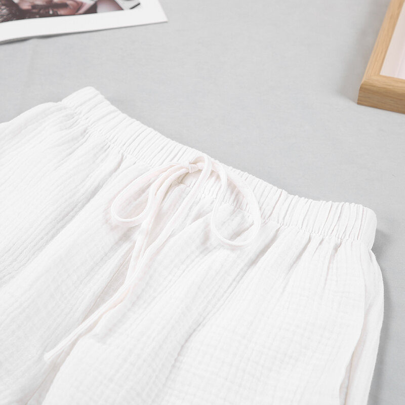 Hiloc-Conjunto de 2 piezas de pijama para mujer, ropa de dormir blanca con bolsillos, pantalones cortos de algodón con cordones, manga larga, cuello en V, Primavera