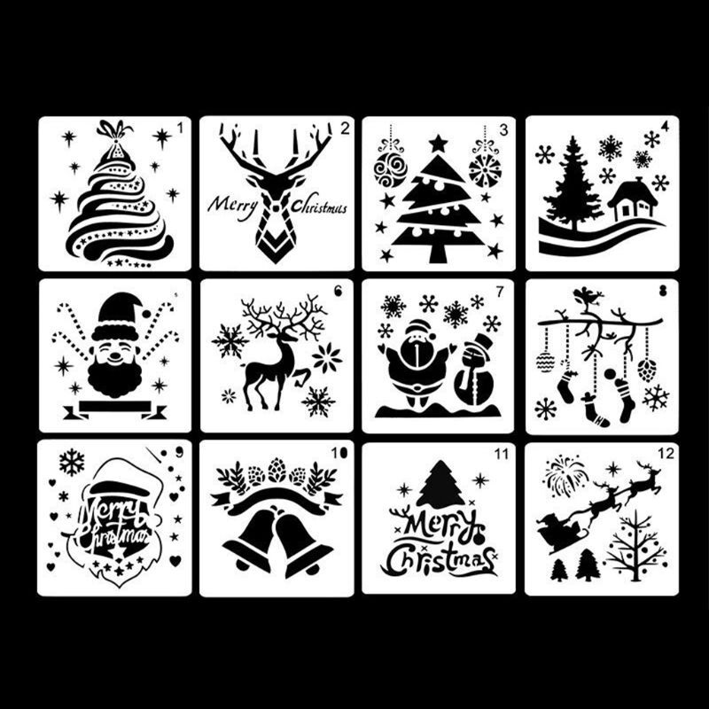 Plantilla de pintura de plástico de 12 piezas, temas navideños, Papá Noel, muñeco de nieve, árbol de Navidad, nieve, alce, Jingle Bell, dibujo de Sprayin