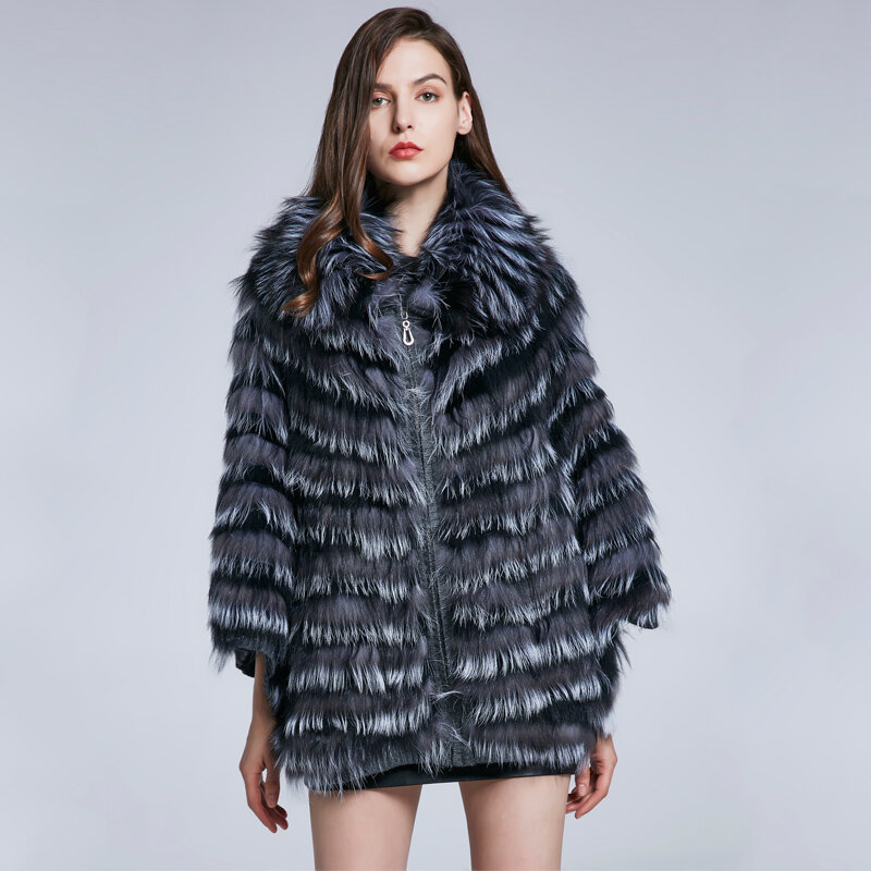 JKP Fashion Winter Warm Leather Coat Natural Fox Fur Women's Coat Real Fox Fur Jacket Winter Thick Warm Loose Top