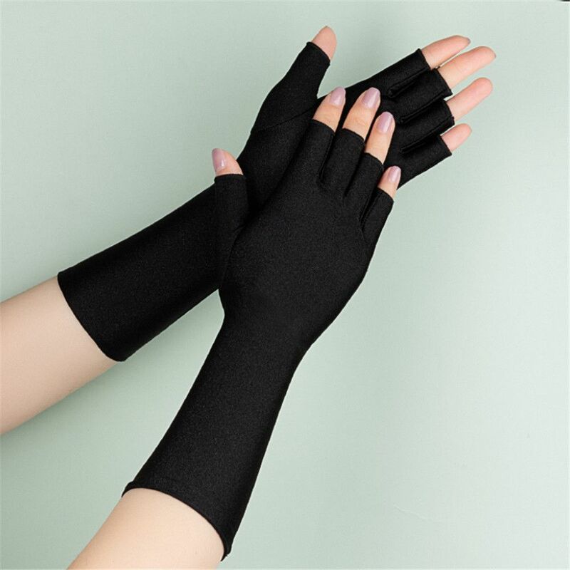 1 par de proteção solar sem dedos luvas longas mulheres braço legal verão sólido luvas meia dedo mangas preto branco nu