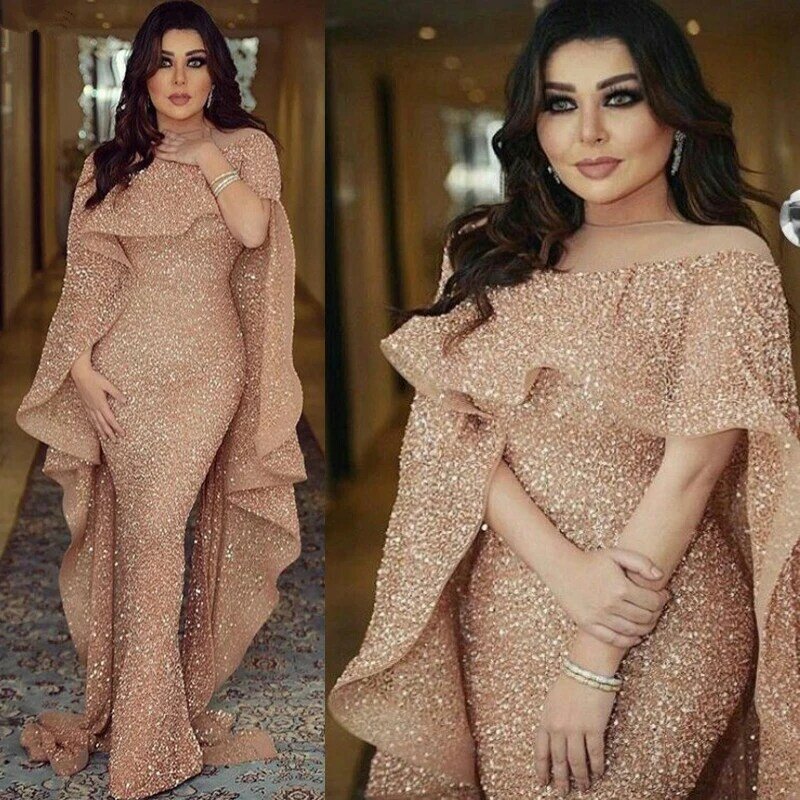 Gaun Malam Payet Glitter Gemerlapan Panjang 2020 Putri Duyung Mawar Emas Dubai Arab Saudi Gaun Formal Gaun Pesta Prom Robe De Soiree