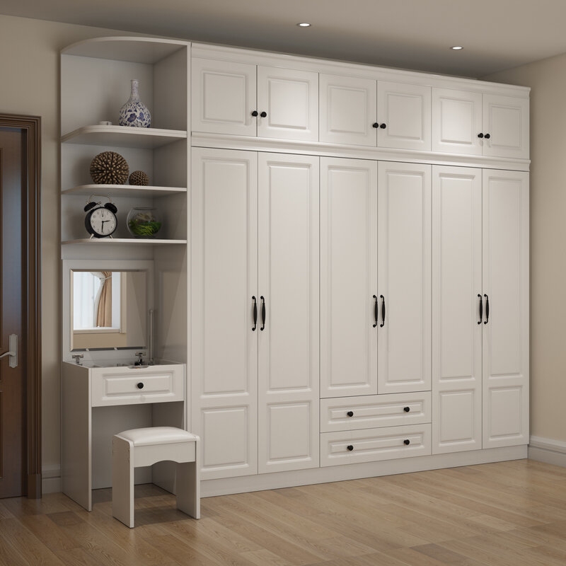 Wardrobe and Top Cabinet Simple Modern Economical Plate-Type White Cabinet Wooden 6-Door Wardrobe furniture