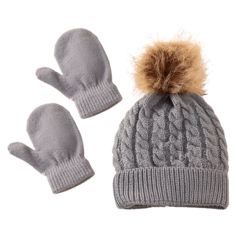 Winter Warm Baby jednokolorowy kapelusz zestaw rękawiczek futrzana kulka czapki Mitten Kit dzieci dzianinowa czapka z lamówką