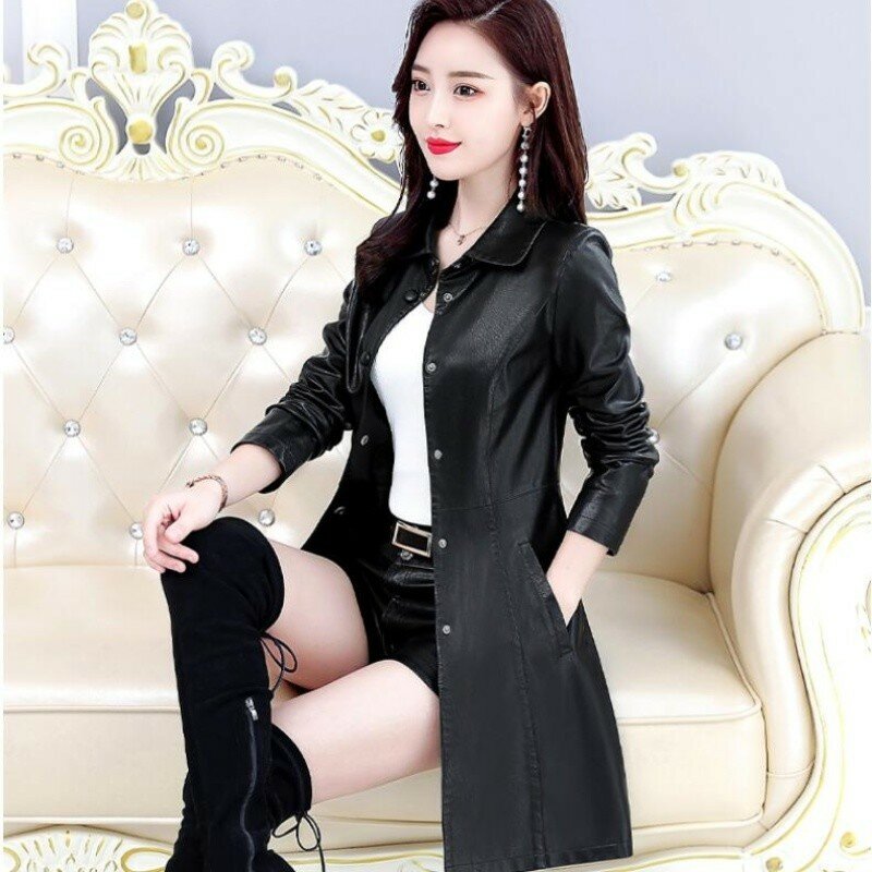 New Spring Fashion Women Long Leather Jacket Female Slim Solid Color Sheepskin Coat Ladys Korean Brand Winter Casual Outwear