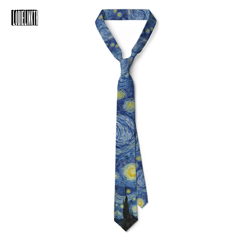 Gravata para pintura a óleo Van Gogh masculina, Star Moon Night, retrô divertido, acessórios para gravata larga fina, roupa diária, prenda de casamento, nova, 8cm